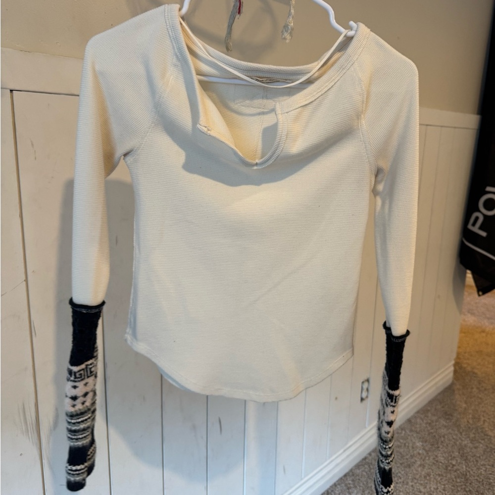 We The Free Cream and Black Long Sleeve Top
